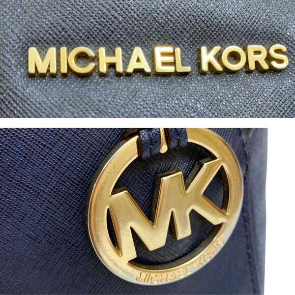 Michael Kors Saffiano Leather Satchel Crossbody Navy Gold MK Charm - Picture 2 of 13